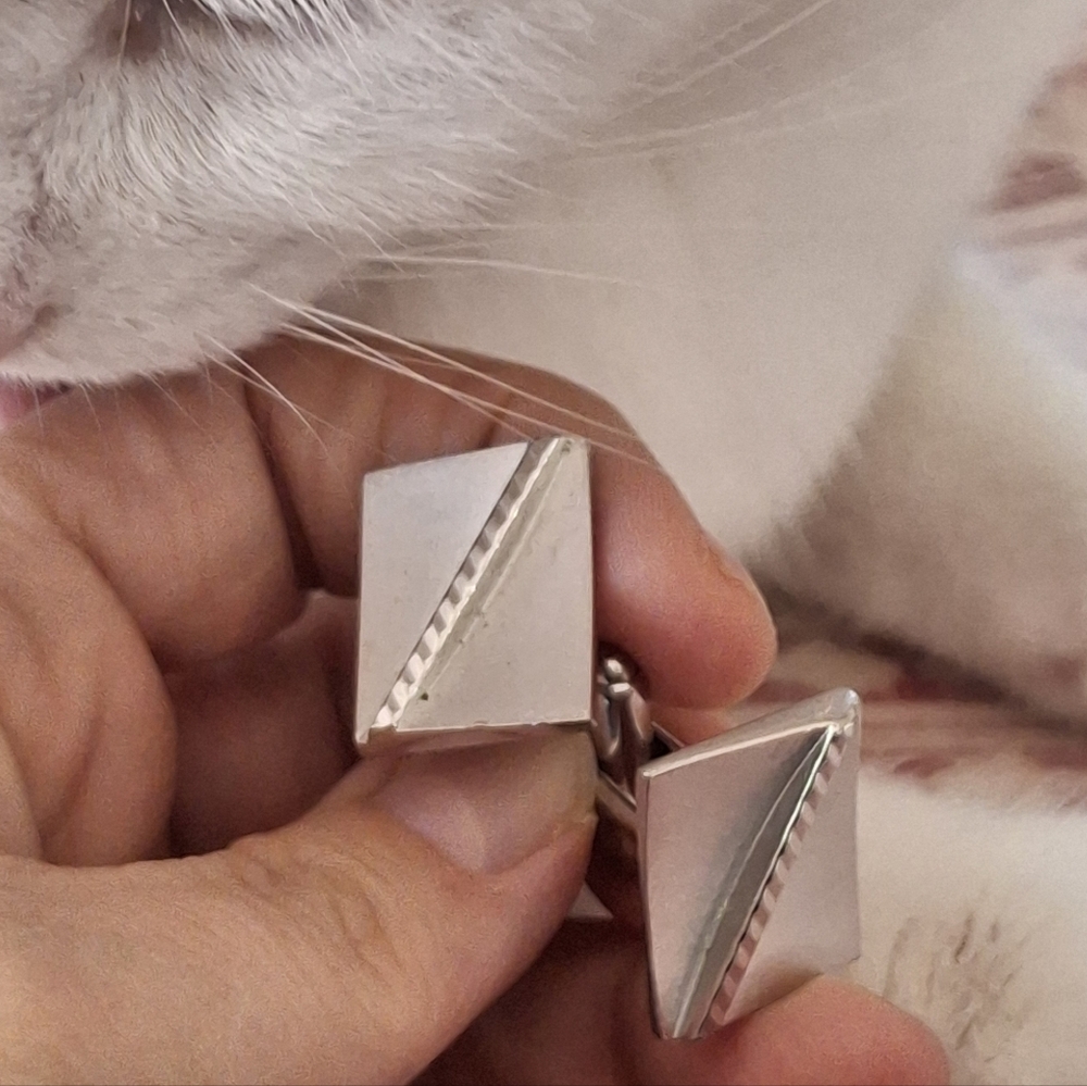 Silver Tone Rectangular Cufflinks With Diagonal Stripe